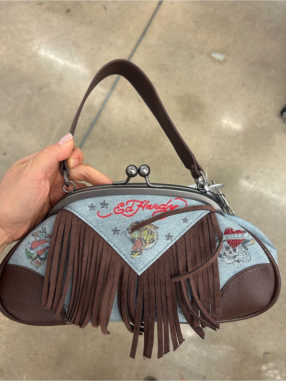 Ed Hardy Denim Accent womem Bag with Brown Fringe